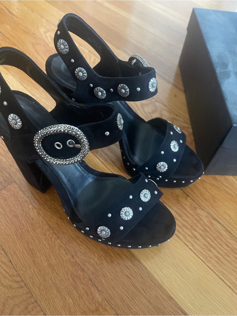 The Kooples Black Studded Suede Block Heel Sandals